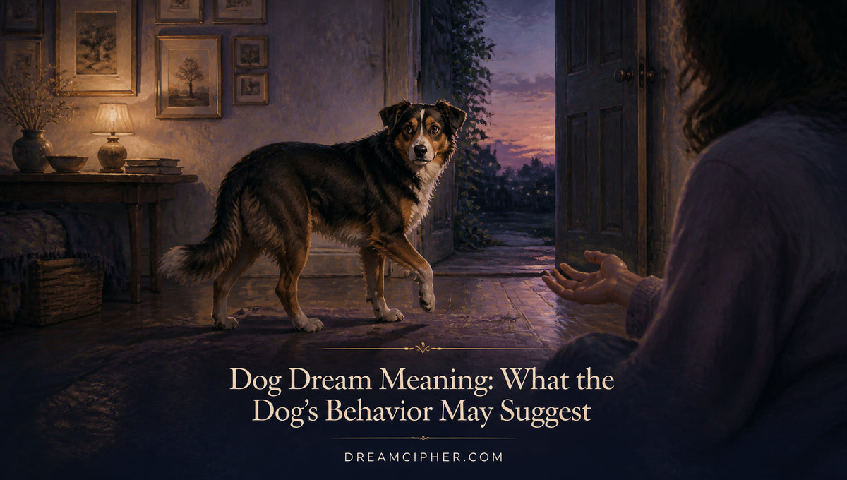Dream-themed editorial illustration for Dog Dream Meaning: What the Dog’s Behavior May Suggest, with a framed DreamCipher title.