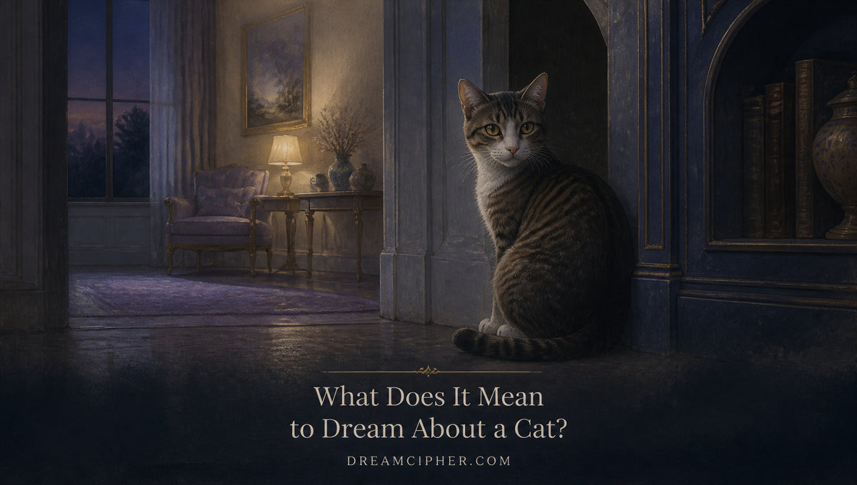 Dream-themed editorial illustration for What Does It Mean to Dream About a Cat?, with a framed DreamCipher title.